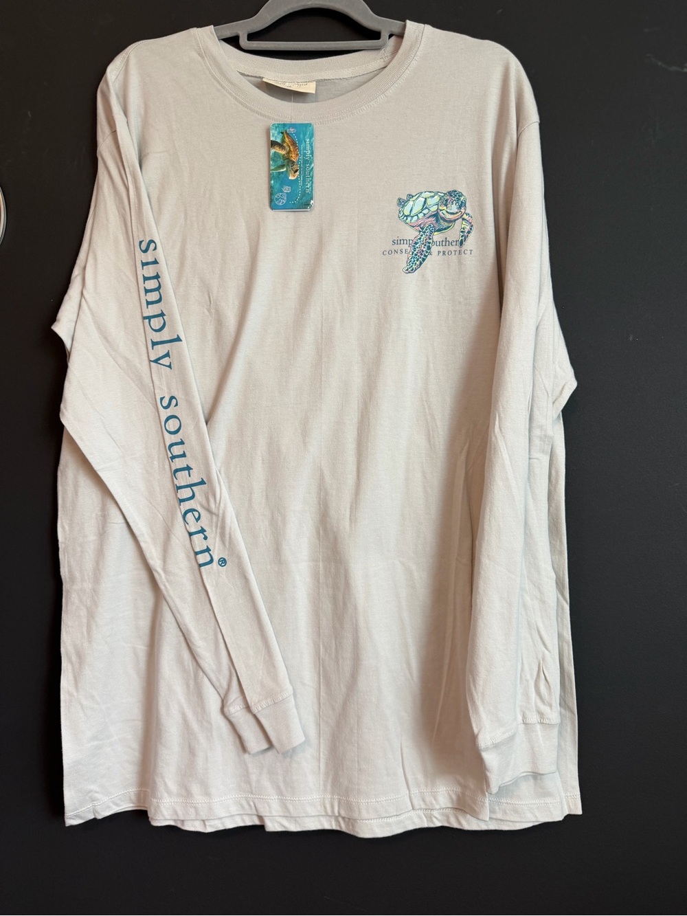 Simply Southern Sea Turtle Long Sleeve Tee - Light Gray with Teal Print. NWT
